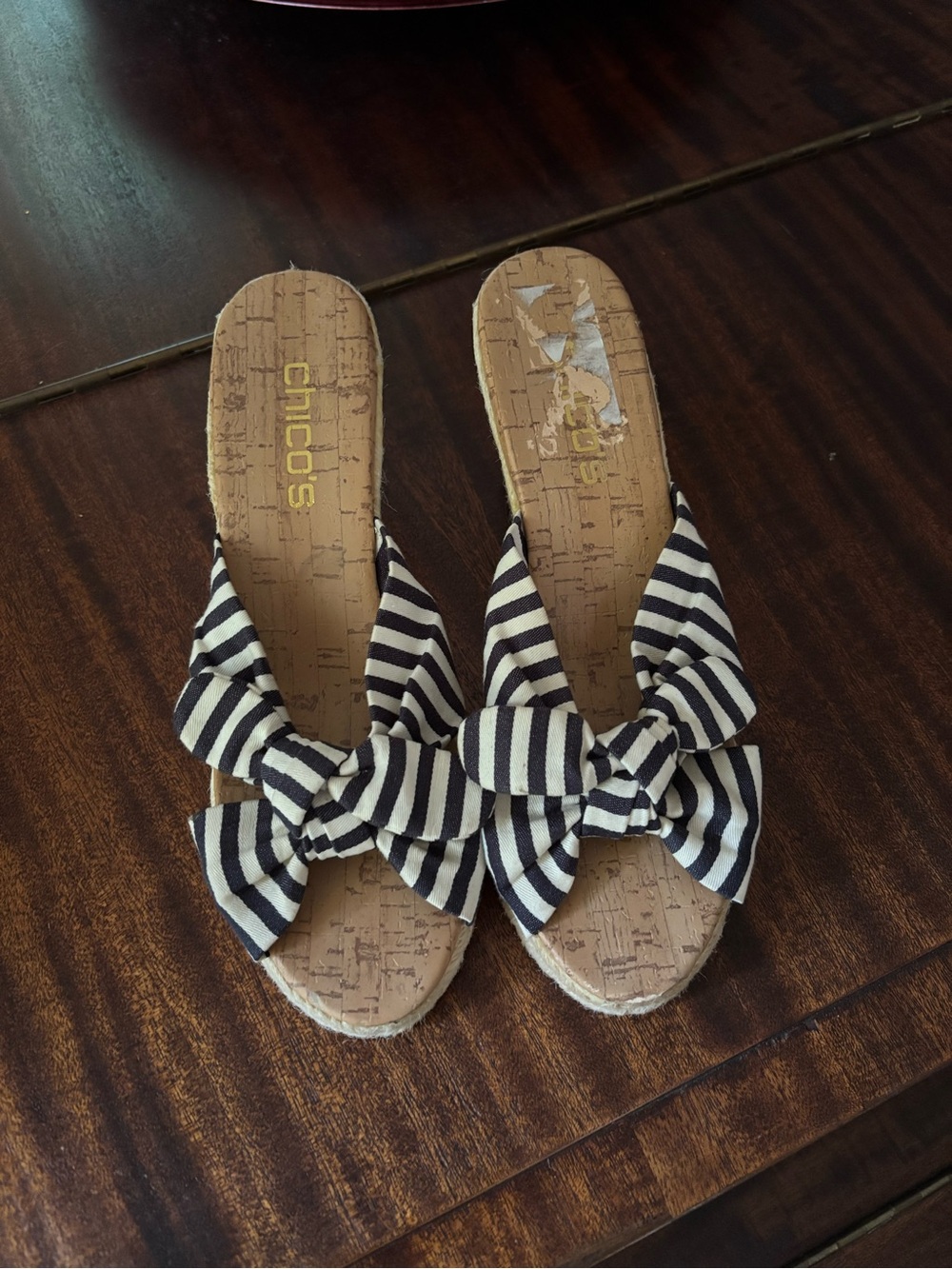 Chico's Black & White Striped Bow Espadrille Wedge sandals